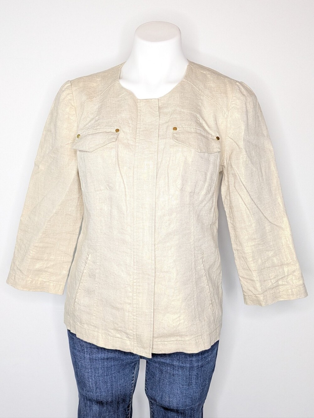 Chicos Tan Gold Shimmer 3/4 Sleeve Linen Jacket S